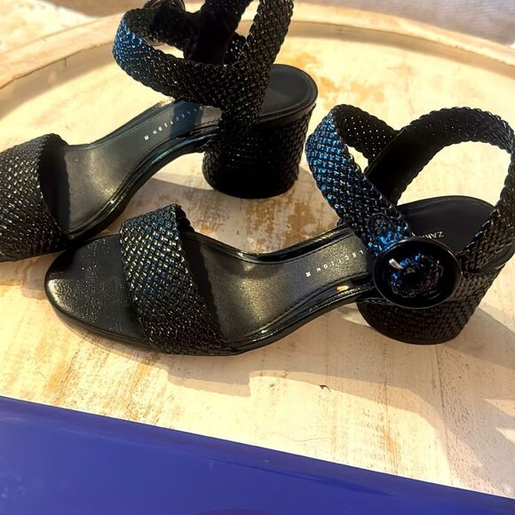 LIKE NEW Zara Black Wide Round Block Heeled Woven Sandals from 2019-Size 7.5/38 - Picture 5 of 15